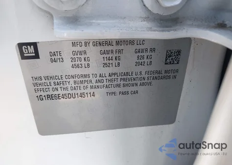 2013 Chevrolet Volt z USA, uszkodzony, nr VIN 1G1RE6E45DU145114